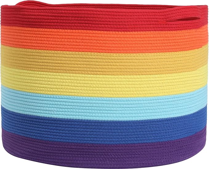 24" x 24" x 17" Max Size Large Cotton Rope Basket, Extra Large Storage Basket, Woven Laundry Hamper, Cloth Storage Bin, for Blankets Clothes Towels Pillows in Living Room, Rainbow