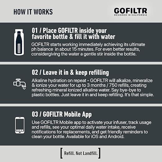 GOFILTR Alkaline Water Infuser (Original 2 Pack) 9.5 pH + Electrolytes for Any Water Bottle/Small Pitcher, 750 Refills / 3 Months, 2 Ionized Mineral Water Infusers