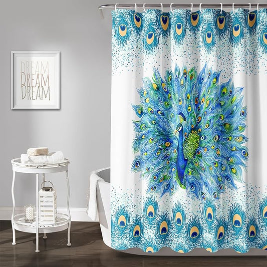 AILONEN Peacock Shower Curtain for Girls,Beautiful Green Peacock Bath Curtain for Kids Women,Peacock Feather Print Waterproof Shower Curtain for Bathroom Decor with 12 Plastic Hooks, 72" W*84" H