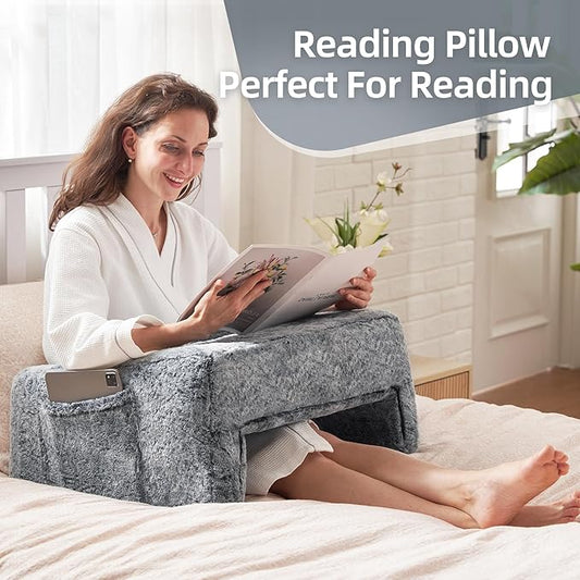 Homguava Reading Pillow Memory Lap Desk Foam Pillow for Adults Gaming Pillow Arm Rest Pillow for Reading, Crocheting, Gaming or Sitting in Bed (Furry Grey, Large)
