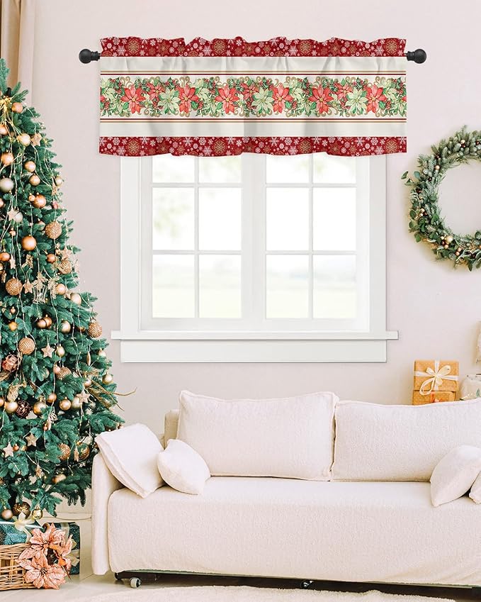 Watercolor Poinsettia Christmas Valance Curtains for Kitchen Windows Red Xmas Winter Holiday Rod Pocket Window Treatment Toppers for Kitchen/Living Room/Bedroom/Bathroom, 60" X 18", Gold White