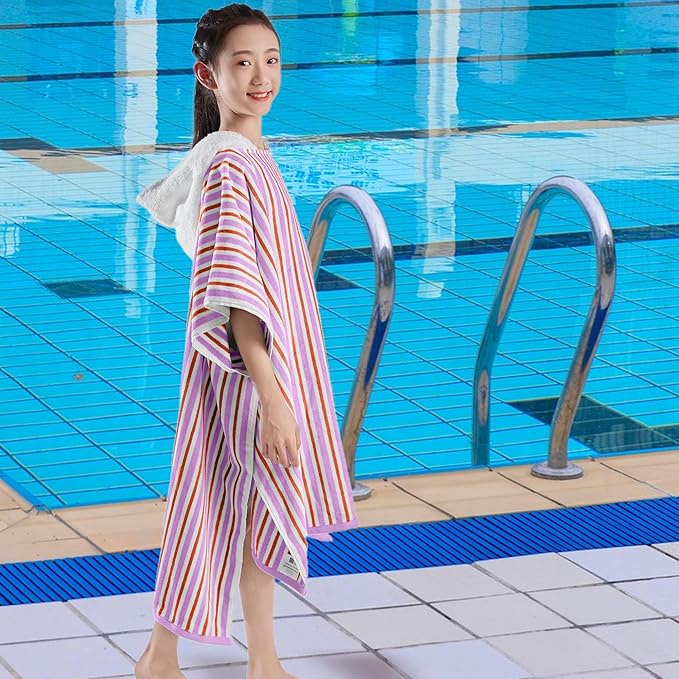 VOOVA & MOVAS Big Kids Poncho Towels with Hood - Girl | Teens (8-16Years) Hooded Pool Towel, Large and Absorbent Cotton Towel Robe - Versatile for Pool, Beach,Swim, and Bath, Orange&Purple