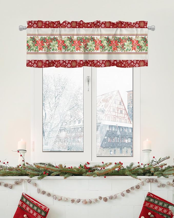 Watercolor Poinsettia Christmas Valance Curtains for Kitchen Windows Red Xmas Winter Holiday Rod Pocket Window Treatment Toppers for Kitchen/Living Room/Bedroom/Bathroom, 60" X 18", Gold White