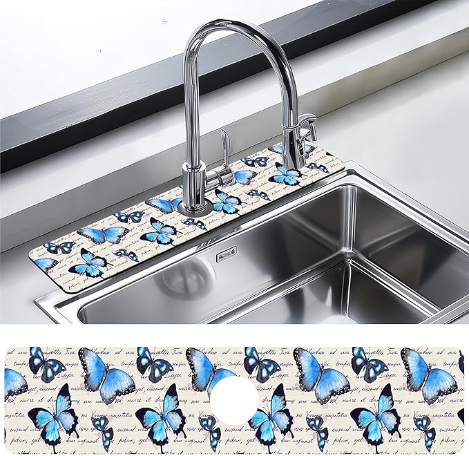 Kitchen Sink Splash Guard Faucet Mat Butterflies Hand Written Text Sink Splash Guard Behind Faucet,1 PC Soft Diatom Mud Non-Slip Mat-for Kitchen,Dish Drying Mat,Bathroom Faucet Mat 23.5"X5.5"