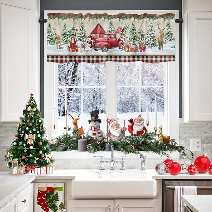 Christmas Farmhouse Kitchen Curtains and Valances Set, Red Truck Gnomes Window Treatments Tiers Winter Holiday Snowman Half/Short Curtains for Small Windows Cafe /Living Room/ Bedroom 54x24 in