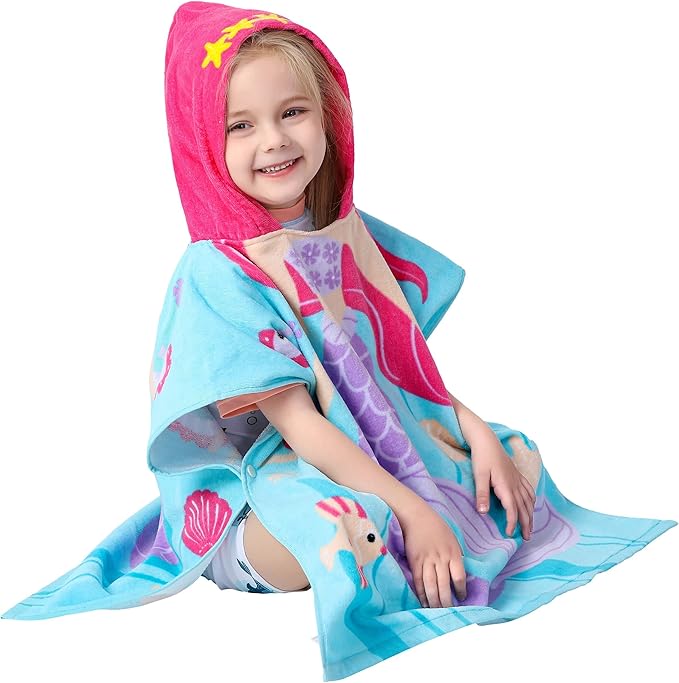Cotton Kids‘ Towels with Hood for Bath Beach Pool Toddler Hooded Towel Poncho Swim Cover-ups with Drawstring Bag