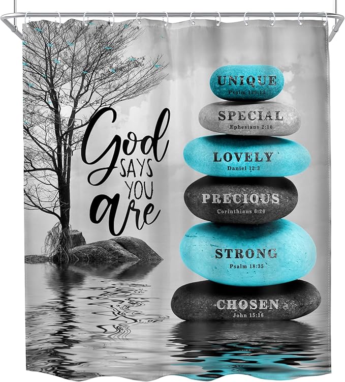 MESHELLY Zen Stone Bible Verse Shower Curtain 60Wx72H Teal Blue Spa Relaxing Meditation Massage Quotes Bathroom Curtain Black Tree Inspirational Bath Curtain Gray Bathroom Decor Fabric with 12 Hooks