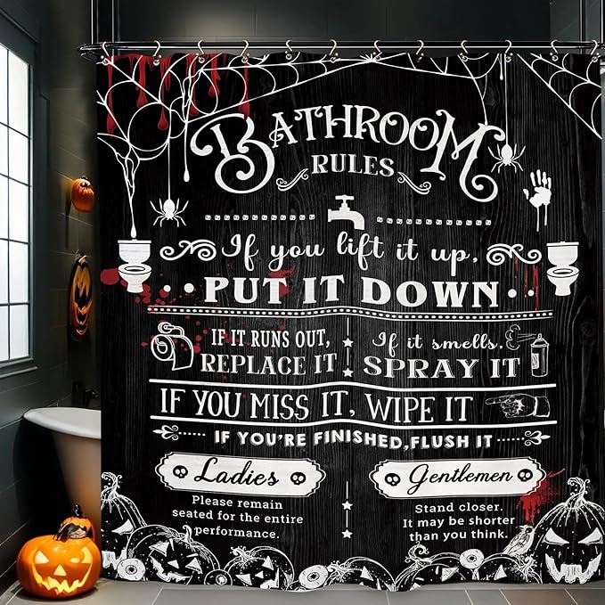 Halloween Bathroom Toilet Rules Shower Curtain 60Wx72L Inch Horror Spooky Scary Funny Pumpkin Holiday Bathroom Set Accessories Decor with 12 Pack Hooks
