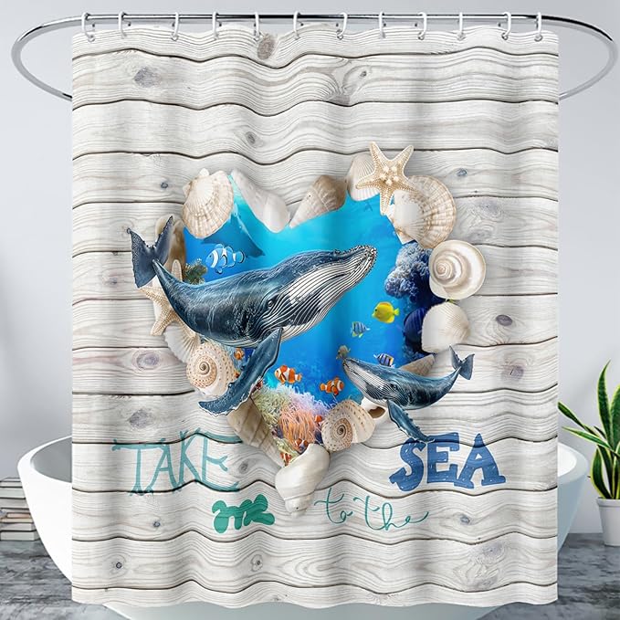 AILONEN 3D Printed Whale Shower Curtain, Ocean Sea Animal Wooden Style Bathroom Curtain,Shell Coast Whale Bath Curtain,72" W*78" H Polyester Waterproof Bathroom Curtain with 12 Hooks