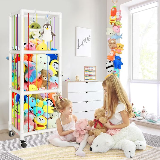 Stuffed Animal Storage with Hanging Chain, 2 in 1 Movable Stuffed Animal Zoo, Large Capacity Stuff Animal Toy Storage Organizer Holder for Nursery Playroom Bedroom Kid Room (White)