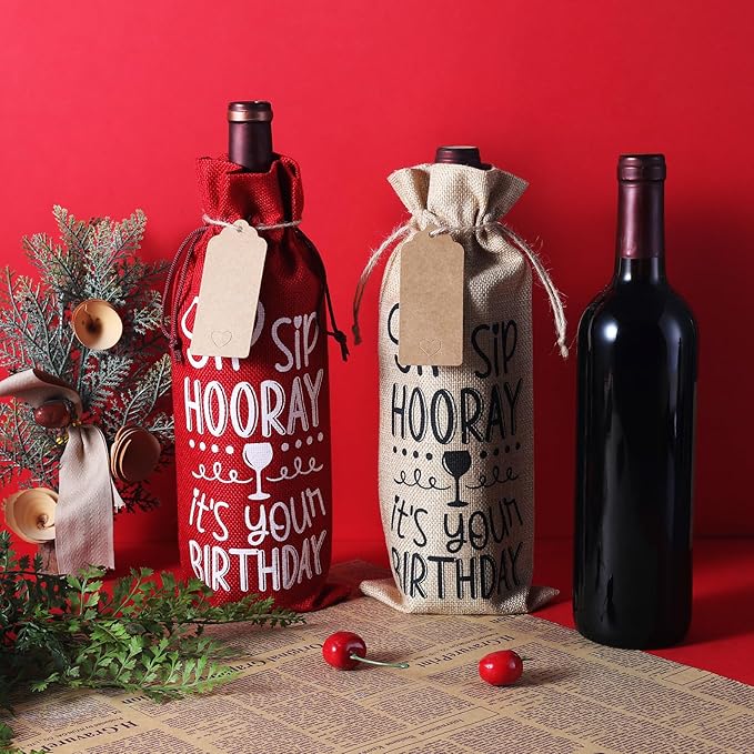 SIRIPHUM Burlap Wine Bags,2PCS Birthday Wine Bottle Gift Bags,Drawstring,Gift Tags,Bottle Cover Tabletop Birthday Party Decor (“Sip Sip Hooray”-2 Colors)