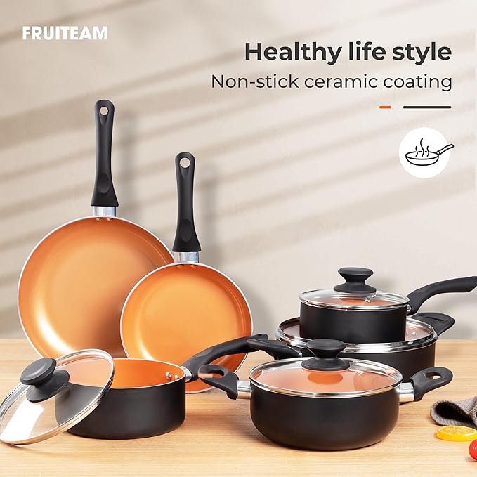 FRUITEAM 10-Piece Black Aluminum Cookware Set with Lids, Includes Soup Pot, Milk Pot and Frying Pans, Induction Gas and Electric Stovetop Compatible