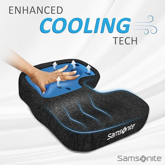 SAMSONITE Gel-Infused Memory Foam Seat Cushion with Enhanced Airflow Design for Cooling Experience, Fits Most Office Chairs and Car Seats, Supportive Sitting Pillow for Orthopedic Comfort…