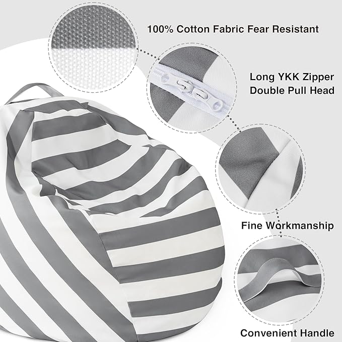 EXQ Home Kids Bean Bag Chairs Cover -Stuffed Animal Bean Bag Storage Grey and White Stripes-Zipper Bean Bag for Organizing Children Plush Toys Holiday Gift for Girl,Boys (2XL)