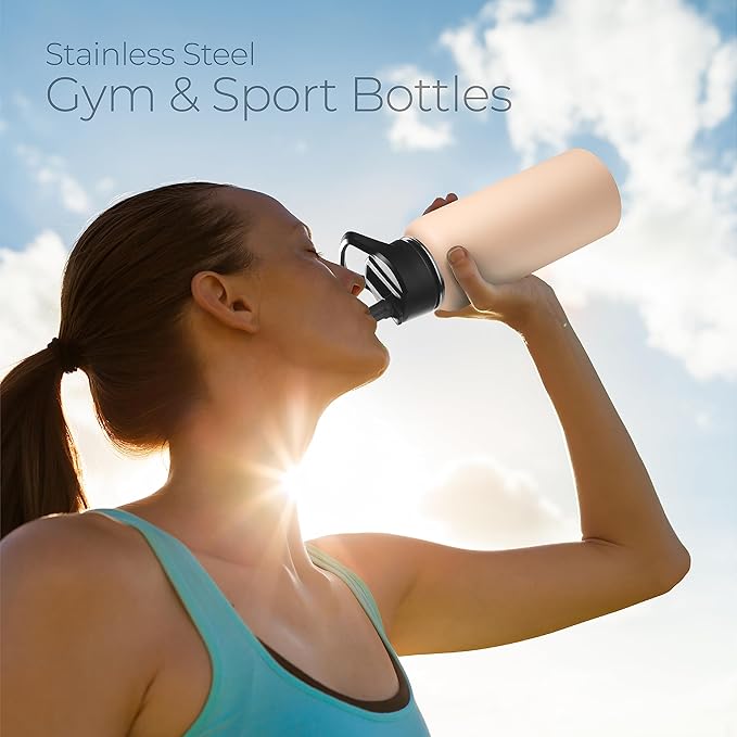 SipX™ Triple-Insulated Stainless Steel Water Bottle 32oz. With 3 Lids, BPA-Free Reusable Insulated Water Bottle Keeps Cold 24 Hours, Metal Water Bottle Made Of Sustainable Material For Hiking & Biking