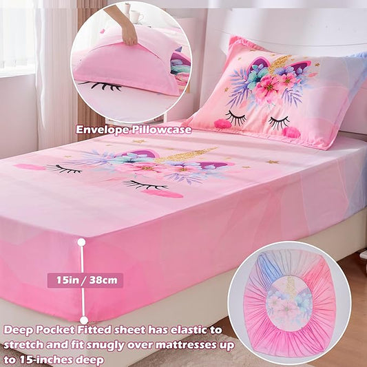 VIVILINEN Twin Size Bed Sheets Set for Kids Girls 3 Piece Pink Unicorn Kids Sheets Set Toddler Twin Bedding Set Include Flat Sheet, Deep Pocket Fitted Sheet and Pillowcase