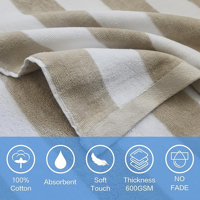 VOOVA & MOVAS Hooded Beach Towel for Big Kids | Large (8-16Years) Soft and Absorbent Cotton Poncho Towel Robe for Pool, Swim, and Bath, Tan Cabana Stripe