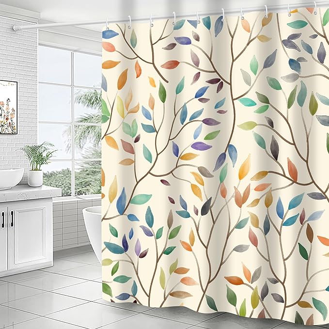 Boho Floral Shower Curtain, Fall Colorful Botanical Flower Leaves Bohemian Yellow Fabric Shower Curtain Set with 12 Hooks, Bathroom Bathtub Accessories Decor Cloth Curtain 72x72 Inches