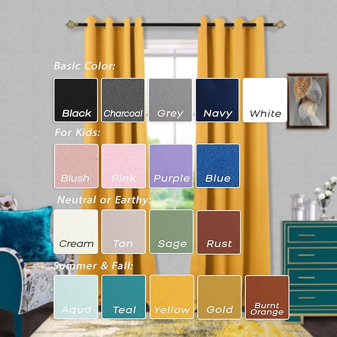Mrs.Naturall Blackout Curtains 72 Inch Length 2 Panels Set Thermal Insulated Grommet Room Darkening Curtains for Bedroom 72 Inches Long,Yellow