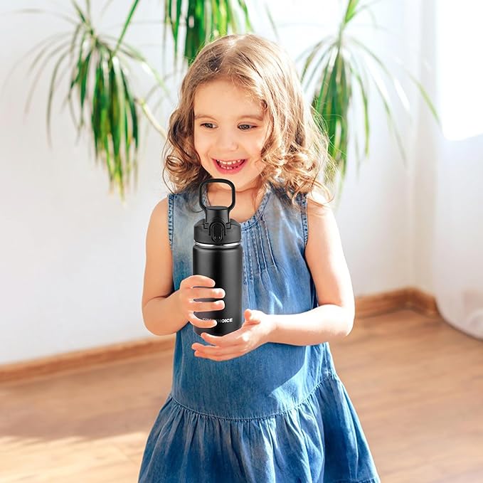 Kids Insulated Water Bottle with Straw,14oz Stainless Steel Water Bottle,BPA-free and Leak-proof,Double Wall Vacuum Water Flask for School,Gifts for Boys and Girls(14oz,Black)