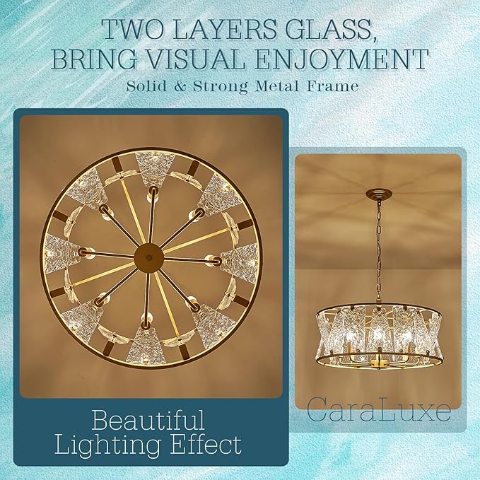 Modern Glass Chandelier 24in Gold Drum Chandelier Light Fixture 8-Light Hammered Crystal Glass Ceiling Chandelier Lighting for Living Room Dining Room Bedroom High Ceiling Entry Foyer