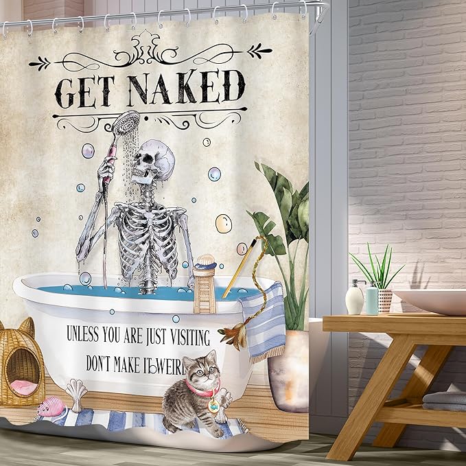 Funny Skull Skeleton Shower Curtain 60Wx72L Inch Gothic Spooky Cute Cat Cool Unique Bone in Bathtub Retro Horror Scary Bathroom Set Halloween Plant Bath Curtain Bathtub Accessories Home Decor