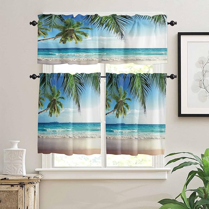 Kitchen Curtains and Valances Set,Palms Tree Ocean Tropical Sea Window Treatments Tiers Beach Theme Semi Sheer Half/Short Curtains for Small Windows Cafe /Living Room/ Bedroom 54x24 in, 3-Piece
