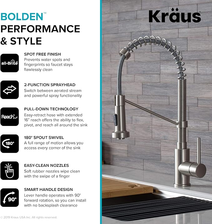 Kraus KPF-1610SFS-KSD-43SFS Bolden 18-Inch Single Handle Commercial Style Pull-Down Kitchen Faucet with Soap Dispenser, Spot Free Stainless Steel