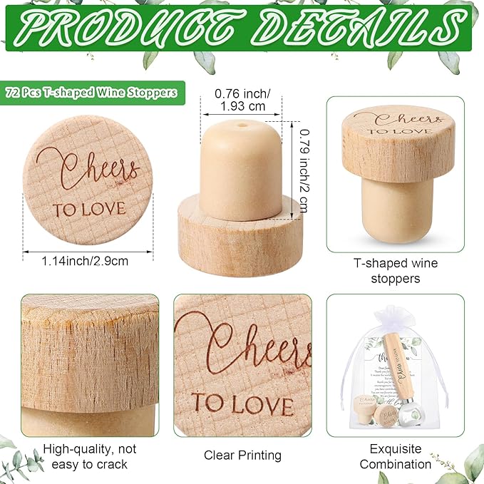 Barydat 72 Sets Wedding Favors Bulk for Guests Wine Corks Wooden Stopper Beer Bottle Opener Wedding Thank You Gift Card Organza Bag Wedding Appreciation Gifts for Bridal Shower