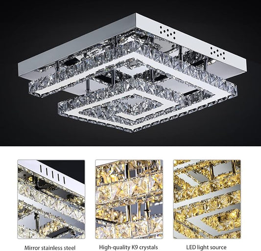 16" Modern Crystal Chandelier, Adjustable Led 3 Color Dimmable Ceiling Light 2 Layers Square Flush Mount Ceiling Lamp for Bedrooms Dining Rooms Living Room Kitchen Staircase Hallway(Dimmable)