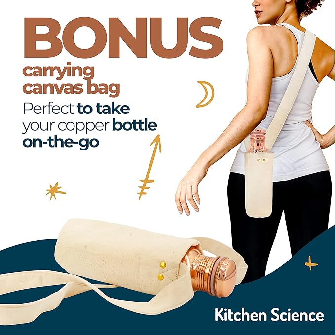 Copper Water Bottle (34oz/1000ml) w/a Carrying Canvas Bag | 100% Pure Copper Bottle for Drinking Water | Lab-Tested, Heavy Duty & Leak-Proof | Authentic Ayurvedic Copper Water Bottle