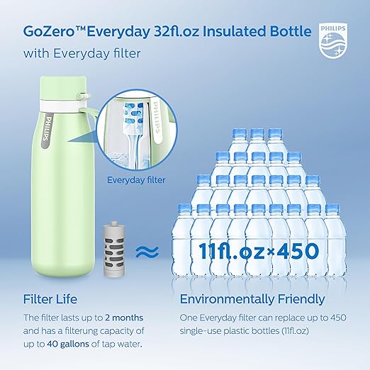 PHILIPS GoZero Everyday Insulated Stainless Steel Water Bottle Everyday Tap Water Filter BPA Free Transform Tap Water into Healthy Tastier Water Keep Drink Hot/Cold, 32 oz, Green