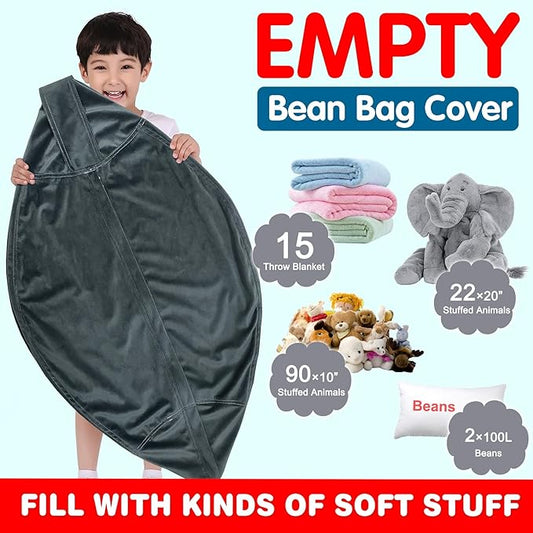 Lukeight Stuffed Animal Storage Bean Bag Chair Cover for Kids, Zipper Beanbag Chair Cover for Organizing Toddler & Kids' Rooms Plush Toys (Dark Gray Velvet, X-Large)