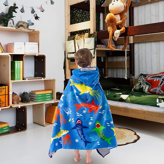 VOOVA & MOVAS Hooded Towel for Toddlers 3-10 Years,Soft | Thick | Cotton | Absorbent | Large Beach | Pool | Bath | Swim Towels | Cover up for Boys, Shark Fish