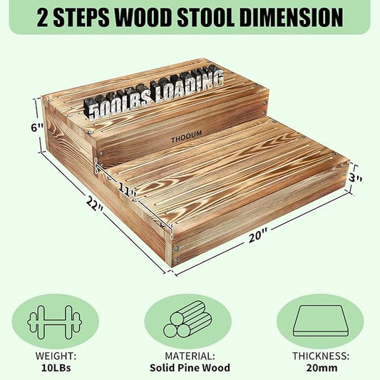 Wooden 2 Step Stool for High Beds, Moderate & Applicable 2-Step Stools for Seniors, Solid Wood steppingStool, Built-in Handle for Easy Carrying, 20.0" W