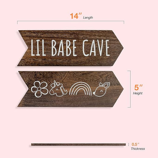 Lil Babe Cave Wall Sign - Little Babe Cave Decor for Playroom, Baby Girl Room Decor, Woodland Nursery Decor for Girls, Baby Girl Nursery Wall Decor, Toddler Girl Bedroom Decor, 14 * 10 inch