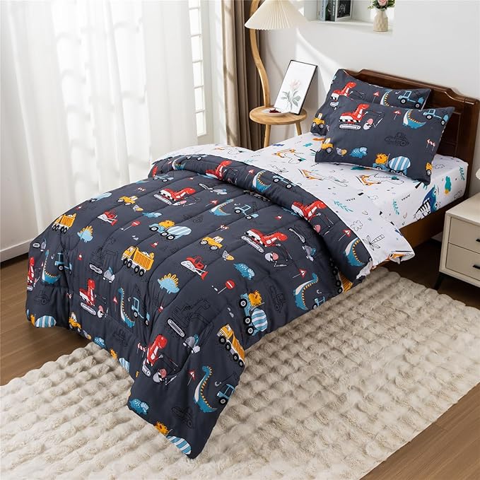 Meeting Story Construction Truck Car Twin Kid Comforter Set for Boys,5 Pieces Dinosaur Bedding Set with Sheets and Pillowcases,Excavator Lightweight Microfiber Bedding Sets(Grey,Twin5pcs)