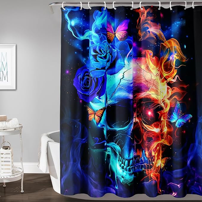 AILONEN Sugar Skull Shower Curtain,Blue Rose Flower Skull Bath Curtain,3D Printed Fire Skull Waterproof Curtain,Galaxy Butterfly Shower Curtain for Bathroom 72" W x 96" H