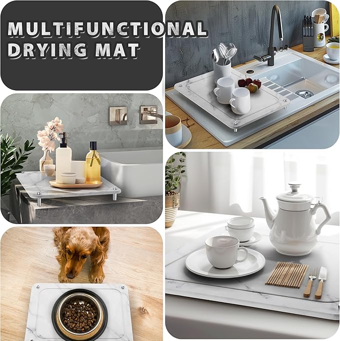 Stone Drying Mat for Kitchen Counter , IPOW Diatomaceous Dish Drying Mats Superb Absorbent,Heat-ResistantFast Drying Stone Mat Kitchen with Non-Slip Stainless Steel Feet(White)