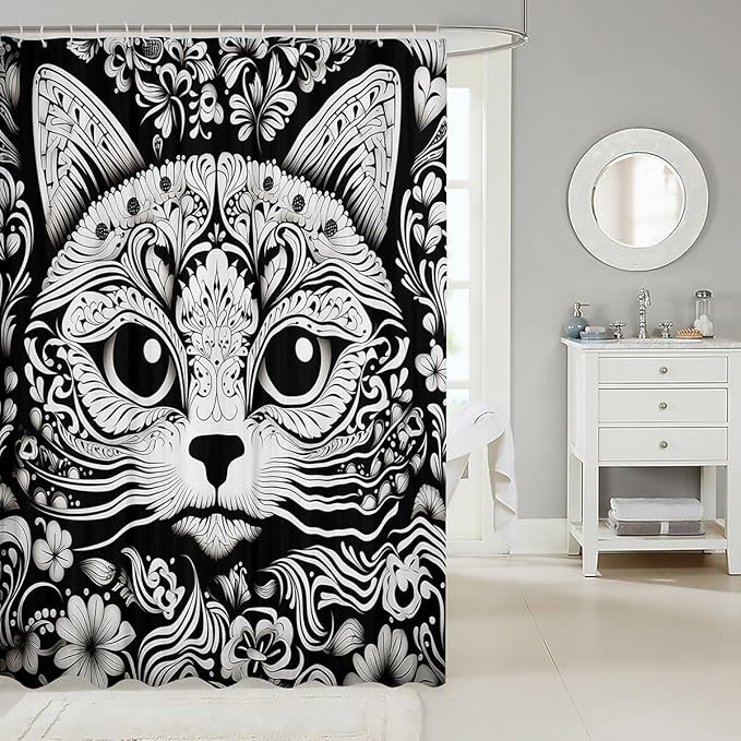 Feelyou Cute Cat Shower Curtain Damask Cat Fabric Shower Curtain for Kids Boys Girls Black White Cat Bathroom Waterproof Accessories with 12 Hooks Cartoon Cat Curtains,72x72 Inches