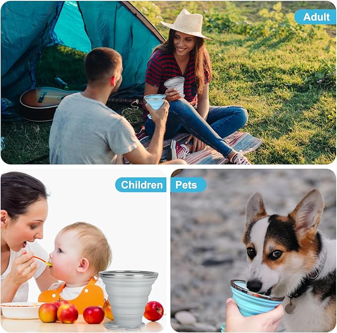 Silicone Collapsible Travel Cup Small 270ml Folding Drinking Cups Silicone Folding Camping Cup for Outdoor Hiking Travel (Blue and Grey,2Pack