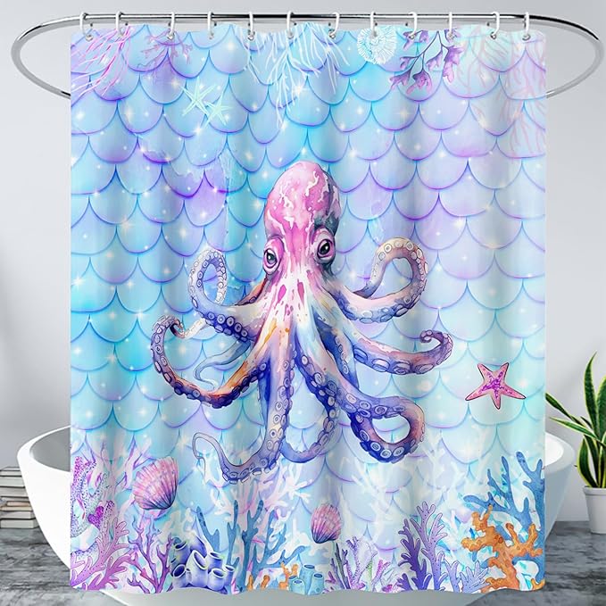 AILONEN Cartoon Octopus Shower Curtain 72"W*78"H For Bathroom, Ocean Coral Shell Fish Scale Print Bathroom Curtain for Kids Girls Women Bath Curtain Polyester Waterproof Shower Curtain With 12 Hooks