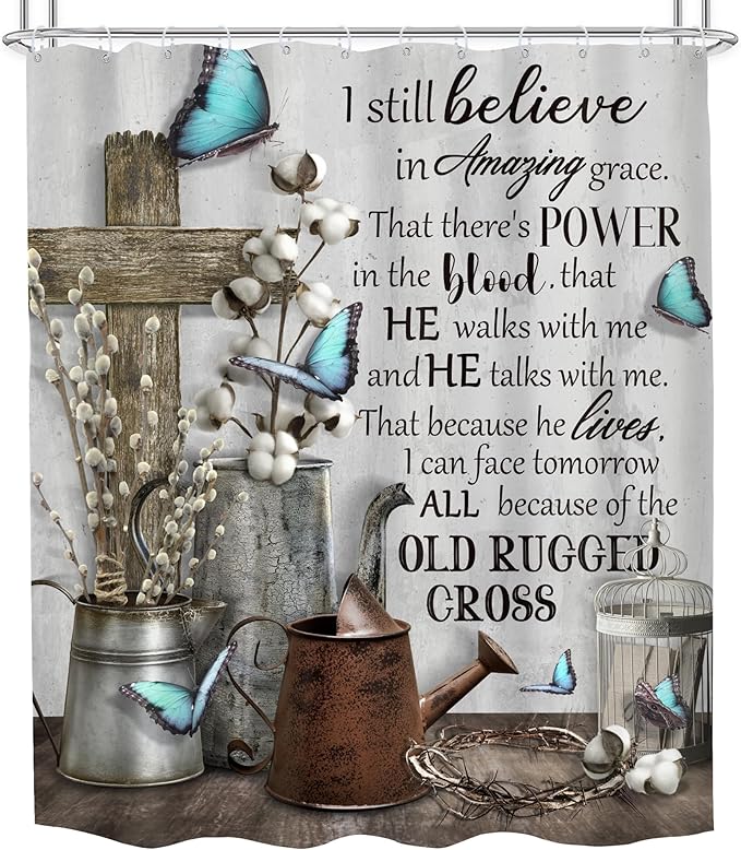 MESHELLY Rustic Farmhouse Christian Shower Curtain 60Wx72H Bible Verse Blue Butterfly Bathroom Curtain Vintage Inspirational Quotes Scriptures Motivational Country Fabric Bathroom Decor with 12 Hooks