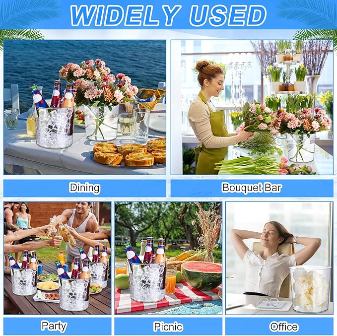 Plastic Ice Bucket Clear Flower Vases 6L Large Champagne Beer Buckets Classic Transparent Wine Chiller Tub Portable Wine Cooler Bucket Multipurpose Trash Can Wastebasket for Party Bar Kitchen (24 Pcs)