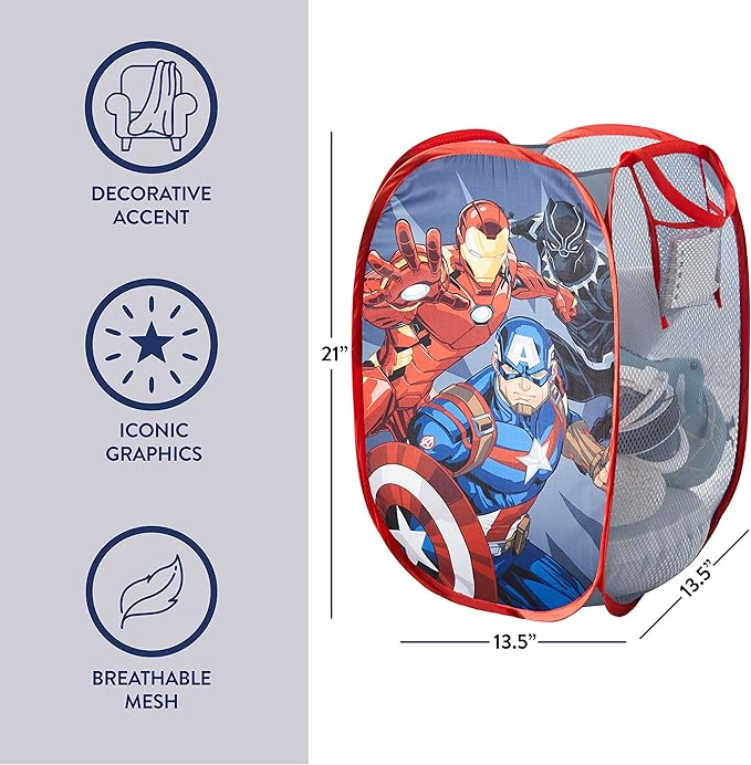 Idea Nuova Marvel Avengers Black Panther, Iron Man and Captain America Pop Up Hamper with Durable Carry Handles, 21'' H x 13.5'' W X 13.5'' L