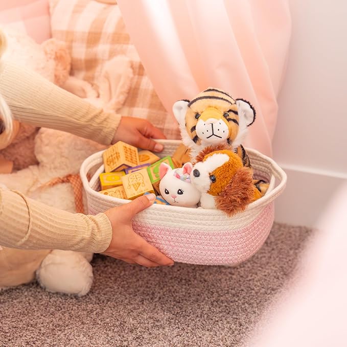 OrganiHaus Set of 5 Rectangle Bathroom Storage Baskets for Organizing, Small Woven Baskets for Storage Basket for Bathroom, Nursery Storage Basket for Baby Nursery Organization, Cute Bins, Pink/White