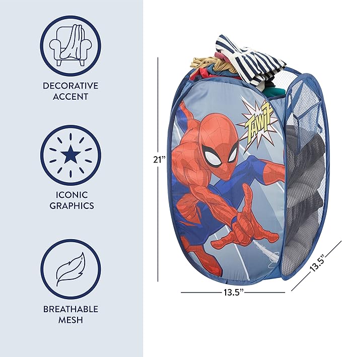 Idea Nuova Spiderman Pop Up Hamper with Durable Carry Handles, 21'' H x 13.5'' W X 13.5'' L