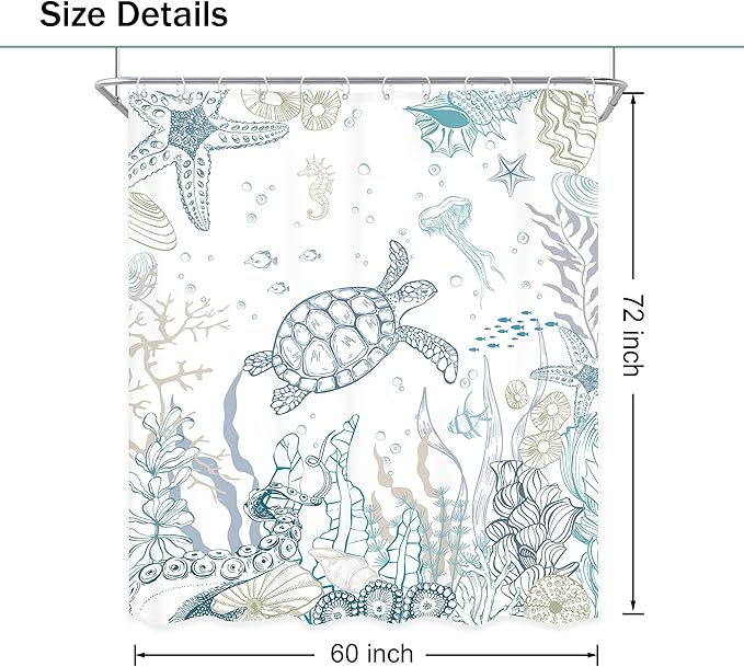 Nautical Coastal Sea Turtle Shower Curtain Ocean Beach Starfish Seashell Coral Underwater Animal Octopus Sealife Summer 60Wx72L Inch Bathroom Set Bath Curtain Bathtub Accessories Home Decor