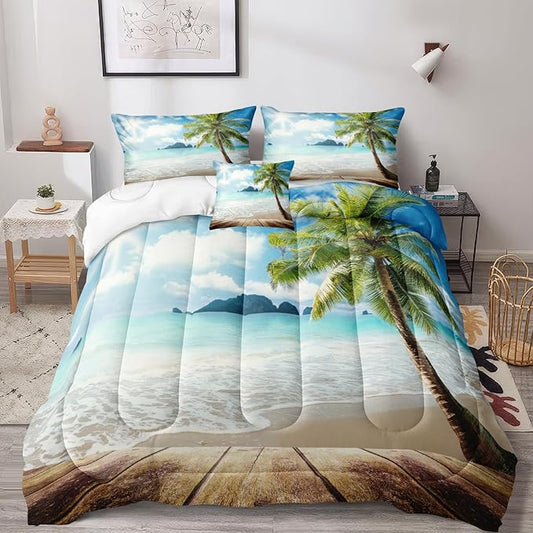 Bedbay Coastal Beach Comforter Set King Beach Themed Comforter Bedding Set Tropical Palm Tree Quilt Set 4 Pcs Beach Room Decor Sunny Beach Coastal Bedding Set King Duvet Set (Beach,King)