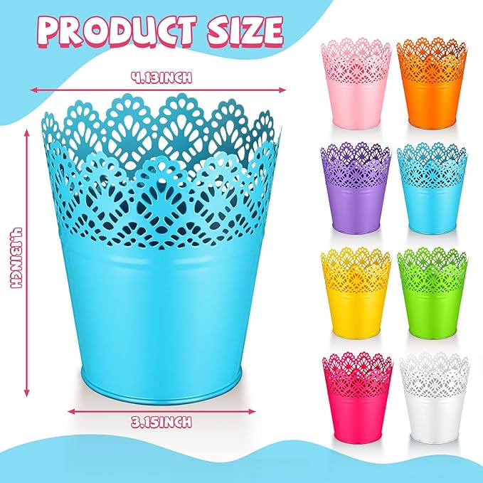 Therwen 24 Pieces Small Metal Buckets with Handle Colored Galvanized Bucket Round Metal Pail for Kids Classroom Candy Crafts,Utensils, Vase Party Favor(4.13 Inch,Hollow Lace)